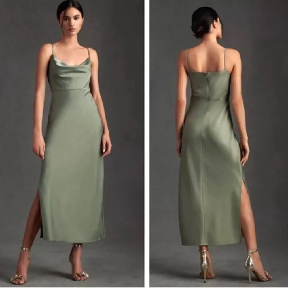 BHLDN Anthropologie Cali Satin Cowl Neck Midi Slip Dress Size 6 Moss Green